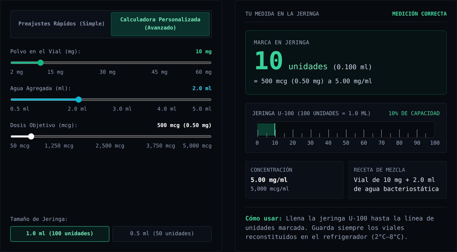 La calculadora de VialVerify en modo Calculadora Personalizada con un vial de 10 mg, 2.0 ml de agua y una dosis de 500 mcg, mostrando un resultado de 10 unidades (0.100 ml) a 5.00 mg/ml.